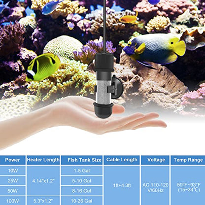 hygger Small Aquarium Betta Heater, Submersible Fish Tank Heater 10W/25W/50W/100W with LED Digital Display, Suitable for Marine Saltwater and Freshwater up to 5/10/16/26 Gallon - size: 25W
