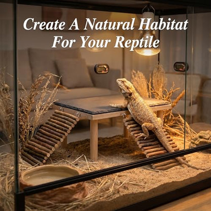 Bearded Dragon Basking Platform, Natural Slate Reptile Basking Rock with Wooden Climbing Ramp, Terrarium Habitat Decor for Lizard, Leopard Gecko, Tortoise, Snake