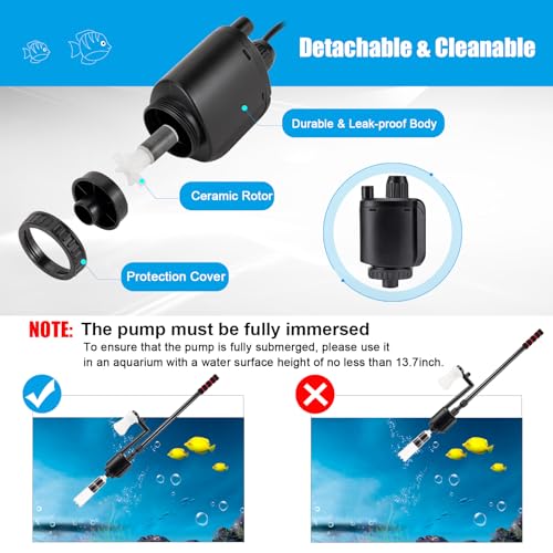 AQQA Aquarium Gravel Cleaner, 6-in-1 Fish Tanks Gravel Vacuum Cleaner Set | Remove Dirt, Change Water, Wash Sand, Water Shower, Water Circulation (20W, 320GPH)