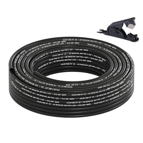1/4" DOT Air Line, 50FT SAE J844 PA12 Nylon Air Tubing with Cutter | 1/4" DOT-Approved Brake Line, Flexible PA12 Nylon Tubing for Air Suspension Kit, Truck Trailer Brake System & Fluid Transfer - size: 1/4" OD 50FT