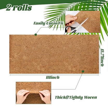 2 Rolls Coconut Fiber Liners for Planters 16x118 Natural Coco Coir Roll | Coco Fiber Pad for Hanging Flower Planters Baskets DIY Moss Pole Garden Decoration, Animal pet pad, Reptile Carpet, Snow Mat