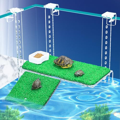 11" Turtle Basking Platform with Grass Ramp, Acrylic, Fits 0.31-2.11" Tanks | Adjustable non-slip grass ramp for aquatic turtles. Fits 0.31-2.11" thick rims. Thickened acrylic 11" large dock for basking. - size: 11 Inch