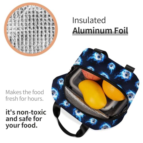 Women Flame Soccer Print Insulated Lunch Box Leakproof | Blue Flame Soccer Ball, Neoprene Thermal Cooler Bag, Padded Handle, Compact Tote for Commute & Travel - color: Pattern (850)