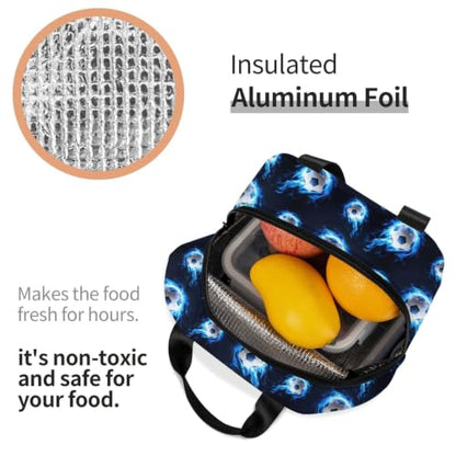 Women Flame Soccer Print Insulated Lunch Box Leakproof | Blue Flame Soccer Ball, Neoprene Thermal Cooler Bag, Padded Handle, Compact Tote for Commute & Travel - color: Pattern (850)
