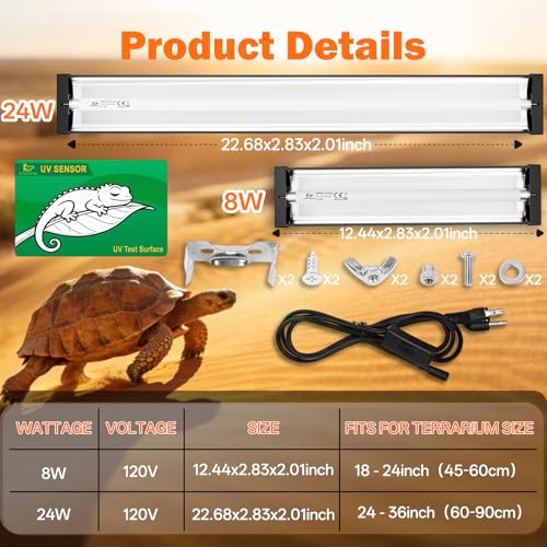 T5 UVB Reptile Light Fixture Combo Kit 24W: 10.0 UVB Light for Reptiles Terrarium Hood Comes with Ho UVB Lamp, 22'' Linear UVB Light Bar for Desert Bearded Dragon,Turtle,Gecko - UV Sensor Test Card - size: 22.6INCH-10.0