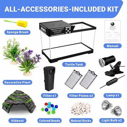 GOZILLA Turtle Tank, Upgrade PC Turtle Tank Starter Kit, Resin Hideout Habitat, Basking Platform, Bottom Drainage for Turtles, Crabs, Shrimps and Other Small Reptiles. (15.75x7.9x9''/Black) - color: Black-Tank Hideout