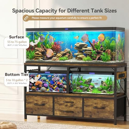 Heybly 55-75 Gal Fish Tank Stand with Drawer, Power Outlet, Rustic HAS005SR | Aquarium Stand, Heavy Duty, for Fish Tank, Turtle & Reptile Terrarium, 48" L × 18.1" Top, 660lbs (Top)+400lbs(Mid) - color: Rustic Brown, size: 55-75 gal