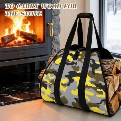 Street Camo Print Firewood Tote Log Carrying Bag | Wide Opening, Large Capacity, Water Resistant Material, Winter Gear for Fire Pits and Camping Journeys - color: Gray Yellow Modern Street Camo Print