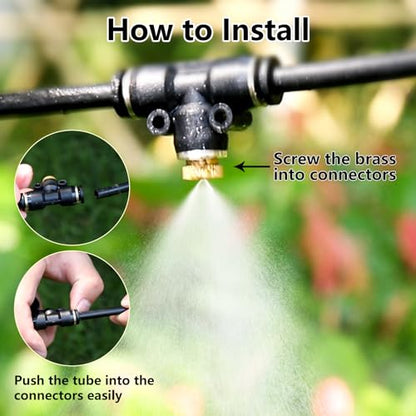 12 Pack Brass Misting Nozzles Outdoor Cooling System | Include 12 Heavy Duty Misting Nozzle,12 Tees,2 Brass Plugs,2 Black Plugs for Outdoor Cooling system - size: 12pc-Brass Misting Nozzles kit