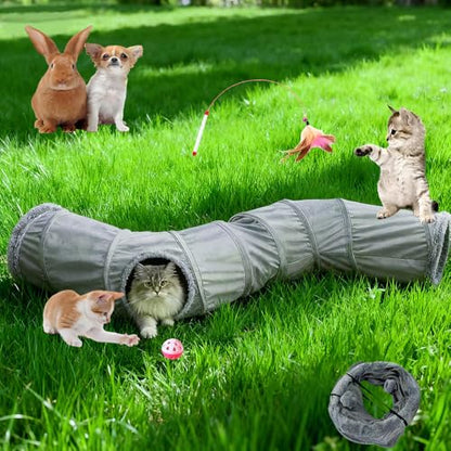 2-Way Collapsible Cat Tunnel Tube Toy Pack Set | Interactive Play Tunnel with Ball and Wand Toy for Indoor Cats, Kittens, Puppies & Rabbits - color: Grey fleece