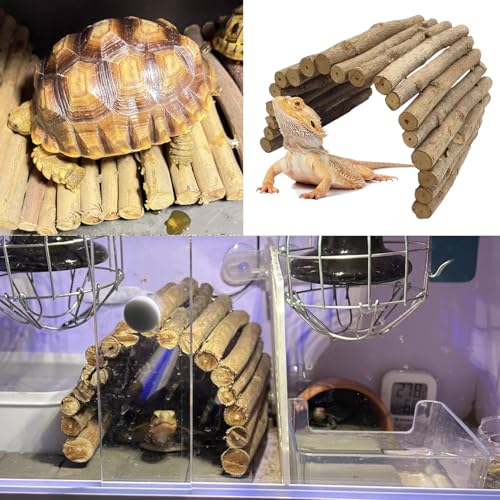 Hamiledyi 11.8" L x 6.7" W Wooden Reptile Bridge Ladder, Climbing Toy, Natural Hideout Tunnel Ramp, with Reptile Food Water Bowl for Lizards Gecko Spiders Snakes Tortoise - size: 11.8 x 6.7 inches