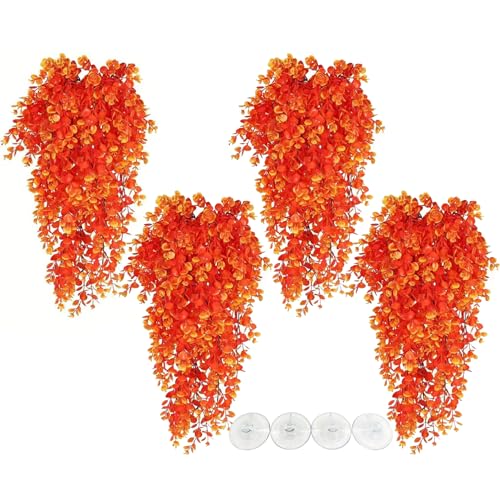Hamiledyi 4PCS Fake Reptile Plants Hanging Plants for Reptiles with Suction Cup, Fake Amphibian Plants for Bearded Dragon Lizard Geckos Chameleon Tank (Orange) - color: Orange, size: 4 PCS