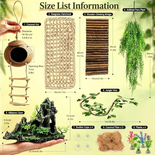 Reptile Tank Accessories Kit Bearded Dragon Tank Decor Leopard Gecko Habitat Accessories Reptile Hammock Coconut Hut Terrarium Decor
