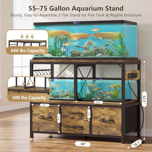 Heybly 55-75 Gal Fish Tank Stand with Drawer, Power Outlet, Rustic HAS005SR | Aquarium Stand, Heavy Duty, for Fish Tank, Turtle & Reptile Terrarium, 48" L × 18.1" Top, 660lbs (Top)+400lbs(Mid) - color: Rustic Brown, size: 55-75 gal