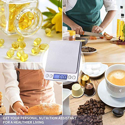 Fuzion Digital Gram Scale .01 Gram Accuracy, 500g Small Jewelry Scale | Small Kitchen Food Scale with 2 Trays for Herb, Powder, Coffee, Gold, Coin - Weight Gram and Oz - color: Silver