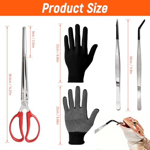 Feeding Tongs, Reptile Feeding Tongs for Snakes, Lizard, 3PCS Stainless Steel Tweezers with Gloves & Black Rubber Tips