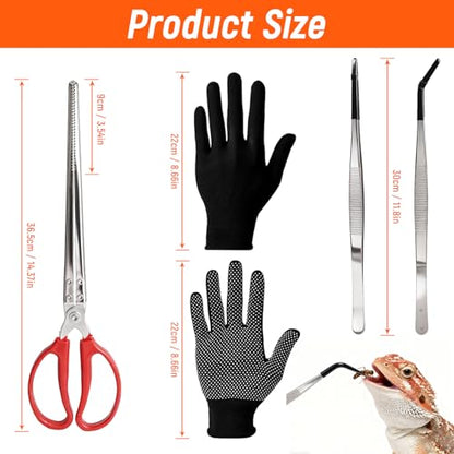 Feeding Tongs, Reptile Feeding Tongs for Snakes, Lizard, 3PCS Stainless Steel Tweezers with Gloves & Black Rubber Tips