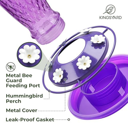 Kingsyard Glass Hummingbird Feeder for Outdoors with Ant Moat | 24 oz, Wide-Mouth Opening, 6 Metal Feeding Ports, Bee Guard, Easy to Clean & Refill Nectar, 360 Degree Perch, Purple - color: Purple
