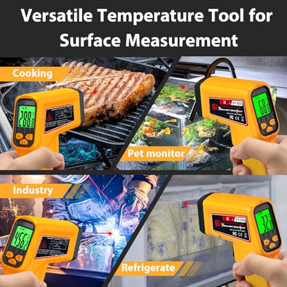 FKM Infrared Thermometer Gun Non-Contact Laser Temperature Gun -58°F~986°F | (-50°C~530°C) Adjustable Emissivity,Digital Thermometer Gun for Cooking,Oven,Griddle,Automotive,HVAC,Industrial,Not for Human - color: Yellow