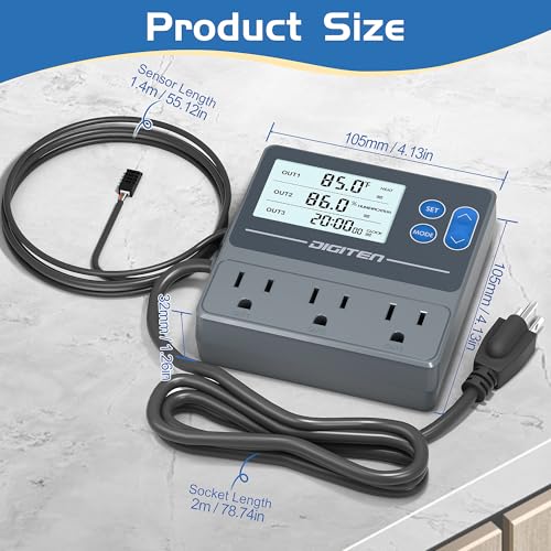 Digital Temperature Humidity Controller Pre-Wired Outlets for Mushroom, Reptile, Heating/Cooling On Outlet 1, Humidifier/Dehumidifier On Outlet2, Timer On Outlet 3