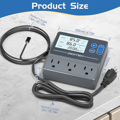 Digital Temperature Humidity Controller Pre-Wired Outlets for Mushroom, Reptile, Heating/Cooling On Outlet 1, Humidifier/Dehumidifier On Outlet2, Timer On Outlet 3