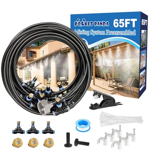 Mister Hose for Outside Patio, Misting System for Outdoor, 65Ft|20M. | Outside Cooling Mist for Backyard,Garden,Greenhouse,Deck, Umbrella,Canopy,Pool,Porch.Trampoline Sprinkler Park,Chicken - color: Black, size: 65FT-Pre