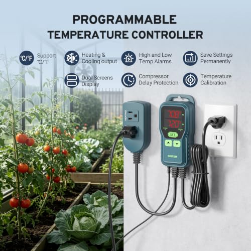 Temperature Controller, Digital Thermostat for Greenhouse -40~212℉ | Programmable Temperature Controlled Outlet Heating & Cooling, Fridge Compressor Delay, for Reptile Brewing Incubation 1200W - color: Red