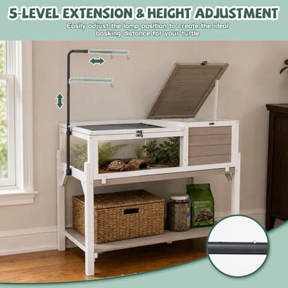 Large Tortoise Habitat with Adjustable Lamp Stand & Storage Shelf, Wooden Tortoise Enclosure with Viewing Window, Pull-Out Tray, 2-Room Reptile Turtle Enclosure House Indoor & Outdoor, Grey - size: 40.4"L x 23"W x 32"H