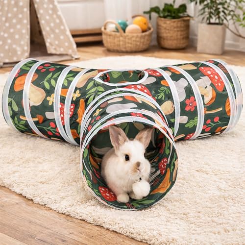 HERCOCCI Rabbit Toys, Bunny Tunnel & Tube, Collapsible 3 Way Rabbit Hideout Tunnel with Chew Toy for Bunny Guinea Pig Ferret Kitten - color: Red