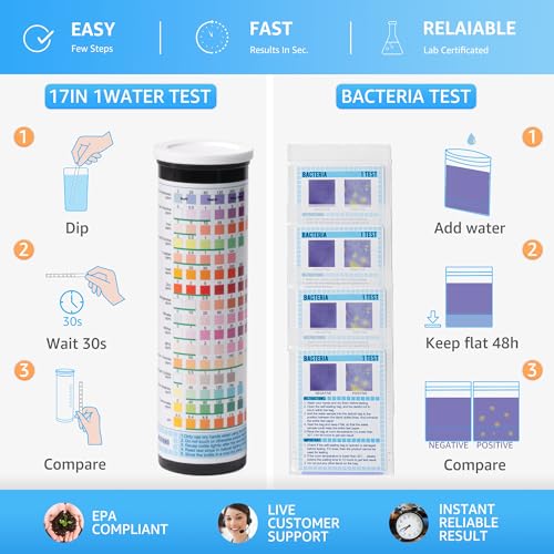 17 in 1 Water Testing Kits for Drinking Water, 100 Strips + 4 Bacteria Tests, Tap and Well Water Test Kit Easy to Test and Read for Hardness, Lead, Iron, pH, Copper, Bacteria and More