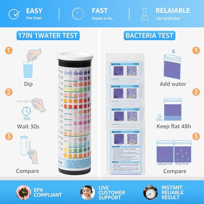 17 in 1 Water Testing Kits for Drinking Water, 100 Strips + 4 Bacteria Tests, Tap and Well Water Test Kit Easy to Test and Read for Hardness, Lead, Iron, pH, Copper, Bacteria and More