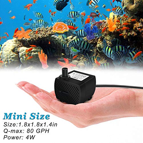 (80GPH 4W) Mini Submersible Water Pump with 2.2FT Tube for Pond, Aquariums, Fish Tank, Hydroponics, Tabletop Fountain, Pet Fountain, Indoor or Outdoor Fountain Pump (AC Powered)
