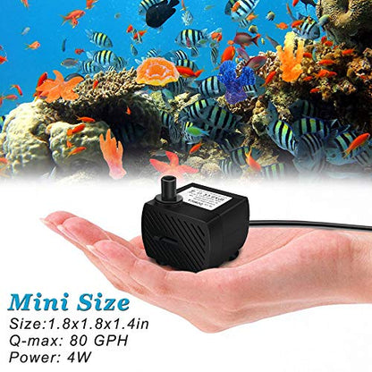 (80GPH 4W) Mini Submersible Water Pump with 2.2FT Tube for Pond, Aquariums, Fish Tank, Hydroponics, Tabletop Fountain, Pet Fountain, Indoor or Outdoor Fountain Pump (AC Powered)