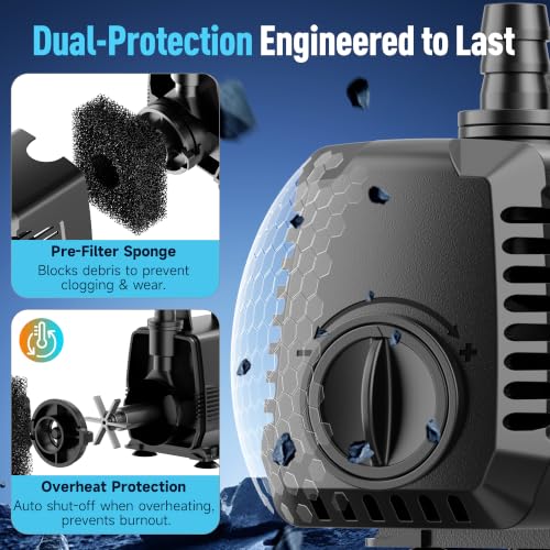 200GPH Submersible Water Pump, Water Fountain (700L/H, 12W) with 5.9FT High Lift Adjustable & 3 Nozzles & 9.8FT Cord, Ultra Quiet Aquarium Pump for Pond Fountain Waterfall Hydroponics-Q102 - size: 200GPH