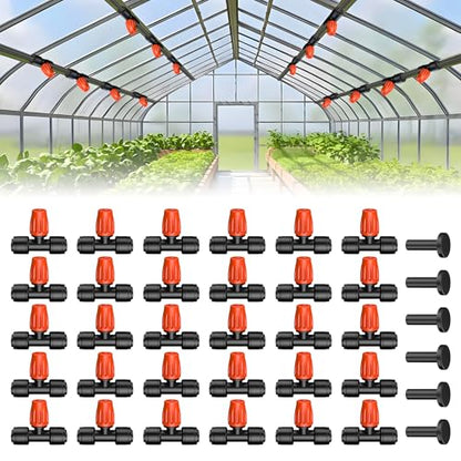 Pawfly 30 Pcs Push-to-Fit Drip Irrigation Spray Emitters for 1/4 Inch Tubing, Tee Misting Atomizing Nozzles Micro Sprayers with Adjustable 360 Degree Water Flow, Irrigation Drippers with End Plugs - size: 30pcs Three-Way Integrated Atomizing Nozzle