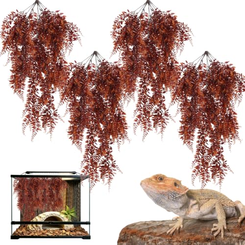 Hamiledyi Reptile Plants for Terrarium, Hanging Tank Greenery | 4 Pack Fake Artificial Leaves with Suction Cup, Snake Foliage, Reptile & Amphibian Habitat Plants for Chameleon Lizard (Red) - color: 4 Pcs Red Reptile Plants