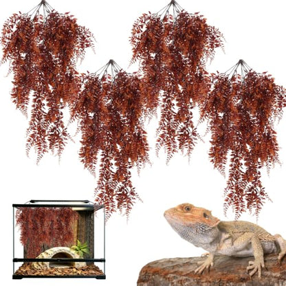 Hamiledyi Reptile Plants for Terrarium, Hanging Tank Greenery | 4 Pack Fake Artificial Leaves with Suction Cup, Snake Foliage, Reptile & Amphibian Habitat Plants for Chameleon Lizard (Red) - color: 4 Pcs Red Reptile Plants