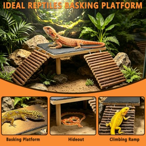 Bearded Dragon Basking Platform with Climbing Ramp,Reptile Basking Rock (M) | Wooden Lizard Resting Platform Basking Rock Slate,Leopard Gecko Hide Cave Tank Accessories for Tortoise Snake - size: M: 11.8" x 6" x 4.56"