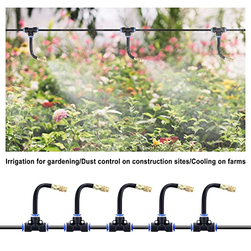 5Packs Brass Misting Nozzles Tee with 4inch Built in Hose 360° Rotation | Adjustable Water Mister Nozzles Thread Sprayer for Outdoor Cooling System 0.043" (1.1 mm) - size: 1 Way - 4inch Hose