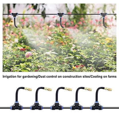 5Packs Brass Misting Nozzles Tee with 4inch Built in Hose 360° Rotation | Adjustable Water Mister Nozzles Thread Sprayer for Outdoor Cooling System 0.043" (1.1 mm) - size: 1 Way - 4inch Hose