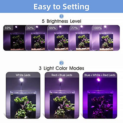 hygger 5-10 Gallon Nano Tank Mini Clip-on Aquarium Light with White Blue Red LEDs Fish Tank Lighting Built-in Timer 5 Brightness Levels 9W - size: 9W