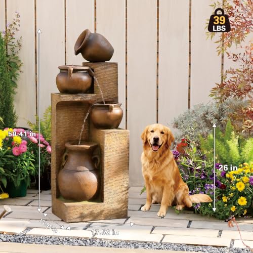 Sunlinua 50H Water Fountain Outdoor with 5Tiers Modern Cascading Jar and Stacked Water Fountain with LED Lights for Patio, Deck, Porch, Backyard Home Decor - color: 50h-gold