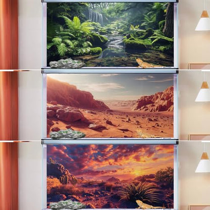 3 Pack Terrarium Background, 24x12 inch Polyester Reptile Background | Cloth Terrarium Background, Gobi Sunshine Cactus Stone & Green Tree Fern Stream Backgrounds, Backgrounds for Reptile Tank - size: 24x12 Inch