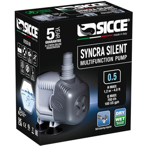 SICCE Syncra Silent 0.5 Multifunction 185 GPH Submersible Water Pump | Italian Made 8W Ultra Quiet Durable for Aquarium Fish Tank, Fountain, Pond, Hydroponics, Terrarium Black | Freshwater & Saltwater - size: Syncra Silent 0.5