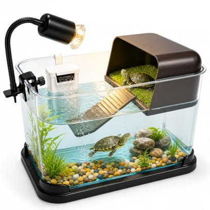 Turtle Tank Starter Kit, Durable PC Turtle Aquarium Kit | Basking Platform & Dimmable Heat Lamp, Baby Aquatic Turtle Tank with Filter,Multi-Function Area for Small Reptiles