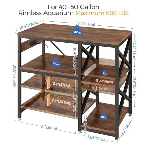 METYERRY 40-50 Gallon Fish Tank Stand with Power Outlet,Adjustable Shelf | 3 Tier Storage,660 LBS Heavy Duty Steel Frame, Fits Fish Reptile and Turtle Tanks, Stable Home Aquarium Setup - color: Rustic Brown, size: 40-50gallon