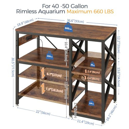 METYERRY 40-50 Gallon Fish Tank Stand with Power Outlet,Adjustable Shelf | 3 Tier Storage,660 LBS Heavy Duty Steel Frame, Fits Fish Reptile and Turtle Tanks, Stable Home Aquarium Setup - color: Rustic Brown, size: 40-50gallon