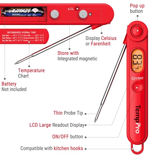 TempPro TempSwift Digital Meat Thermometer for Cooking | Instant Read Thermometer with Backlight, Kitchen Food Thermometer for Grill Smoker BBQ Oil Fry Candy (Previously ThermoPro) - color: Bright red