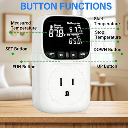 Digital Temperature Controller,15 Amp/1800 Watt Thermostat Socket Plug | VA Display for Heating and Cooling Control Timer,Suitable for Greenhouse Incubators,Homemade Equipment,etc. - color: White