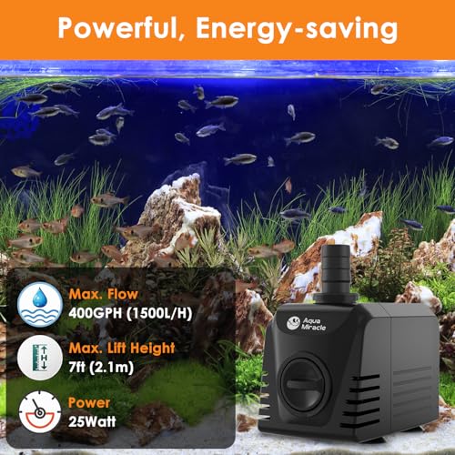AquaMiracle Submersible Water Pump Aquarium Water Pump with Flow Control, Pond Pump Fountain Pump for Pond, Fountain, Waterfall, Statuary, Water feature, Hydroponics (400GPH, 25W) - size: 400GPH, 25W